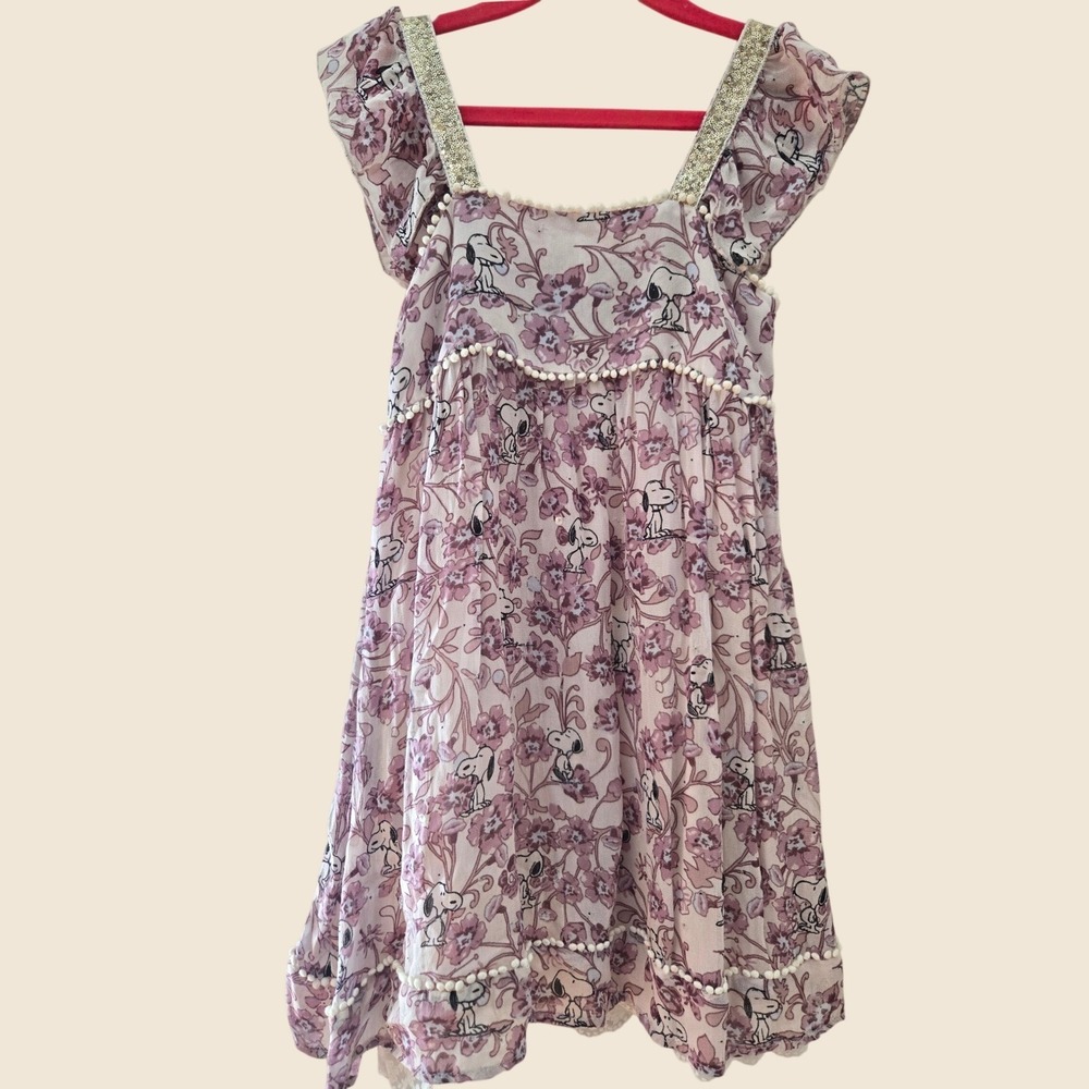 Zara Kids Peanuts Snoopy Floral Flutter Sleeve Dress Sequin Pom Pom Purple 7